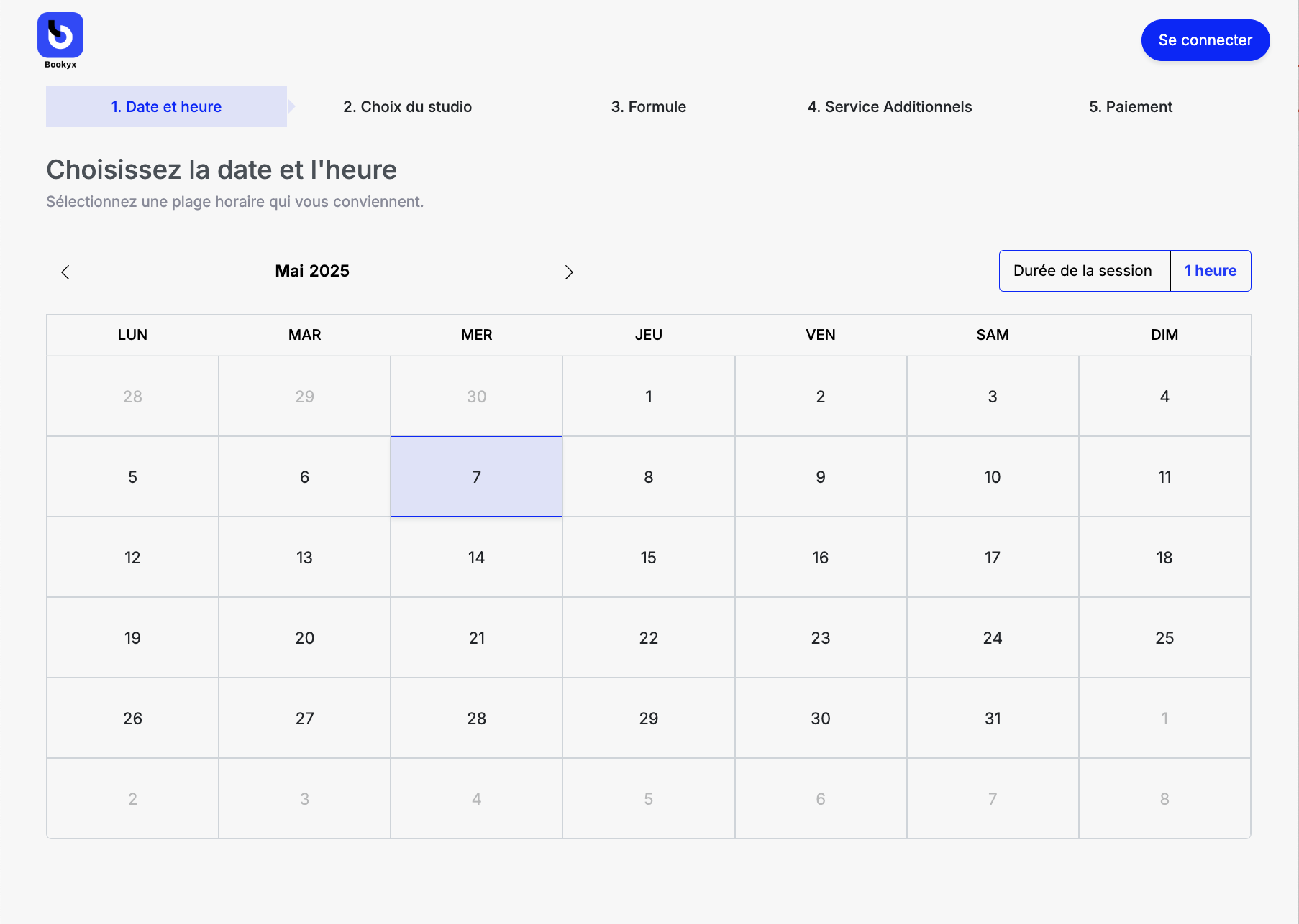 Interface de réservation Bookyx avec calendrier